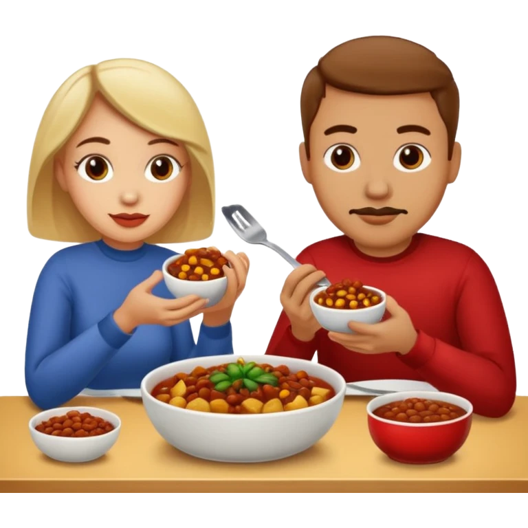ligth couple having dinner of chili, beans and potatoes emoji
