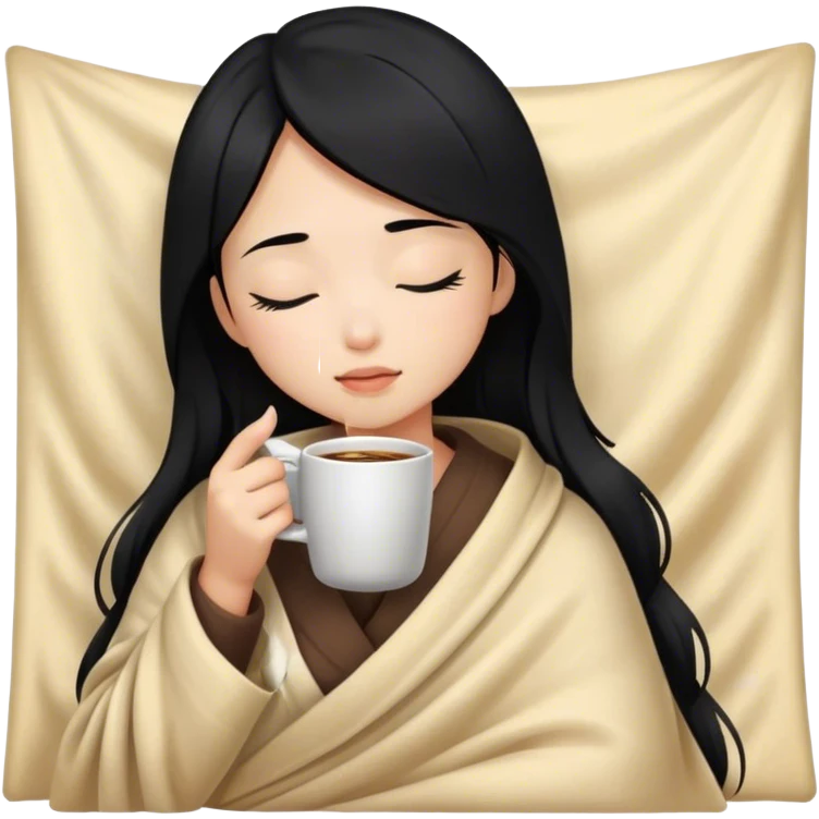 Asian girl inside a blanket sipping coffee eyes closed black hair emoji