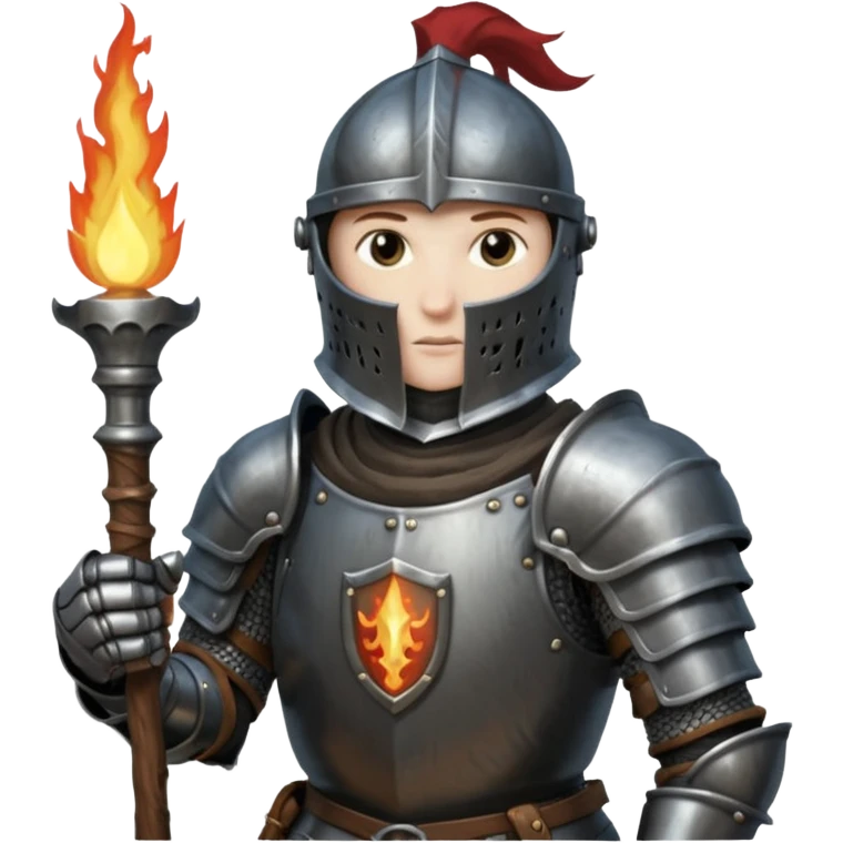 knight holding a short wooden torch in hand wearing darker, realistic iron armor in dark souls style emoji