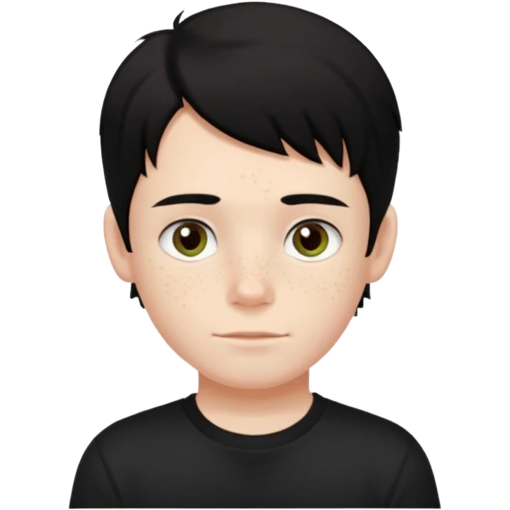 A boy with dark black hair and hazel green and brown eyes and white skin , with freckles and black t shirt with middle part hair  emoji