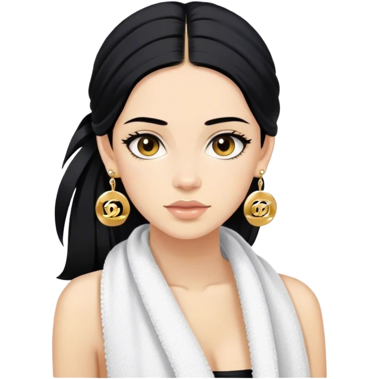 Light skinned girl black hair just a towel around her upper body and Chanel earring gold emoji