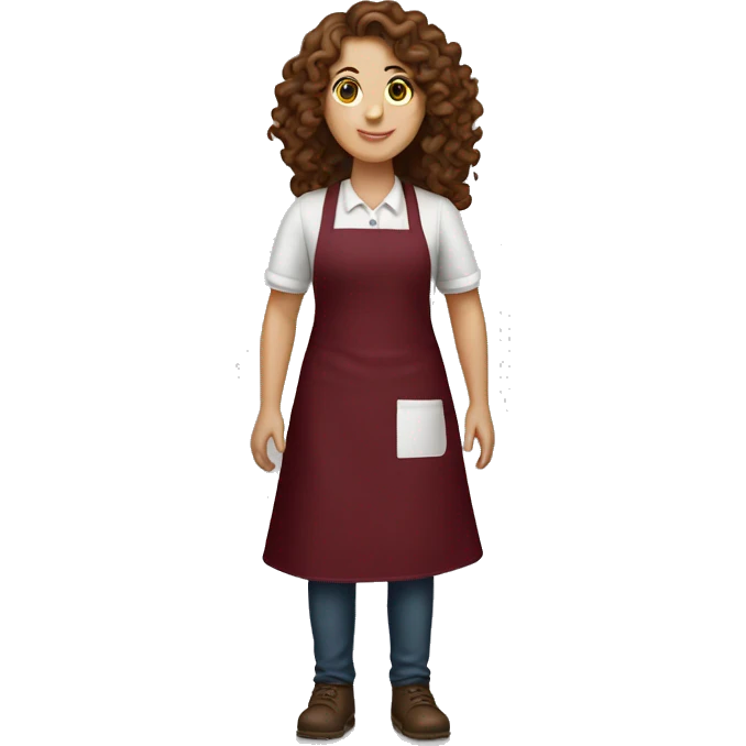 full length white girl with long curly brown hair wearing a burgundy apron emoji
