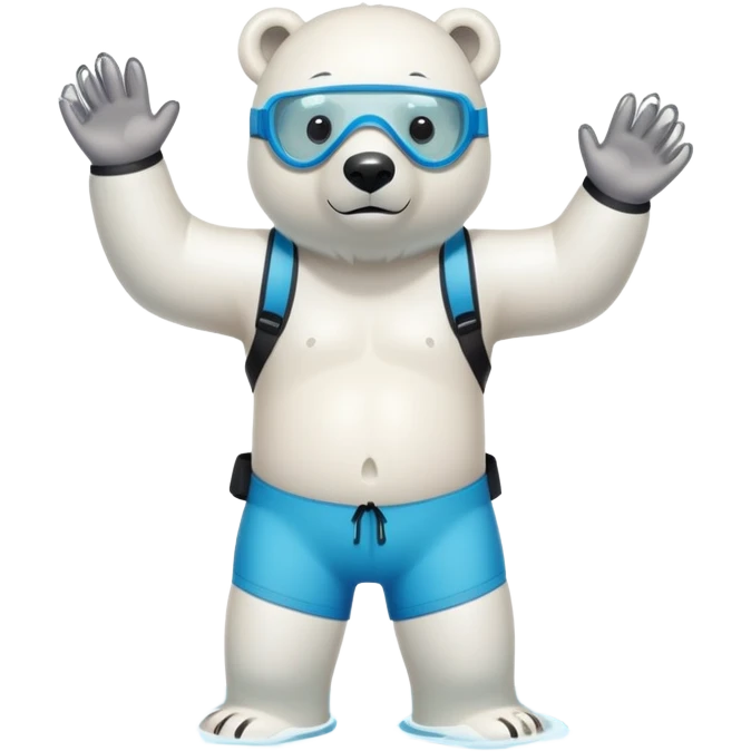 friendly anthropomorphised polar bear standing in a puddle of water, wearing loose board shorts, scuba mask over eyes, inflatable swimming armbands emoji