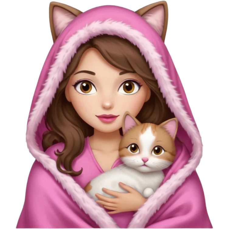 girl with long wavy brown hair, brown eyes, long lashes makeup, sexy pink lips, light to medium complexion, wearing a pink sexy silk top, big blanket over the head cozy holding a cat emoji