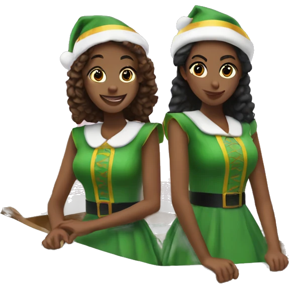 Two teen girls on q boat in elf costumes emoji