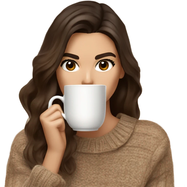 brunette Kendall Jenner with long and light brown hair her eyes brown and sipping coffee Her hair is wavy and shiny With brown sweater just one  emoji