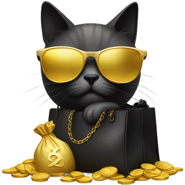 cat in brutal dark glasses with a bag of gold coins emoji