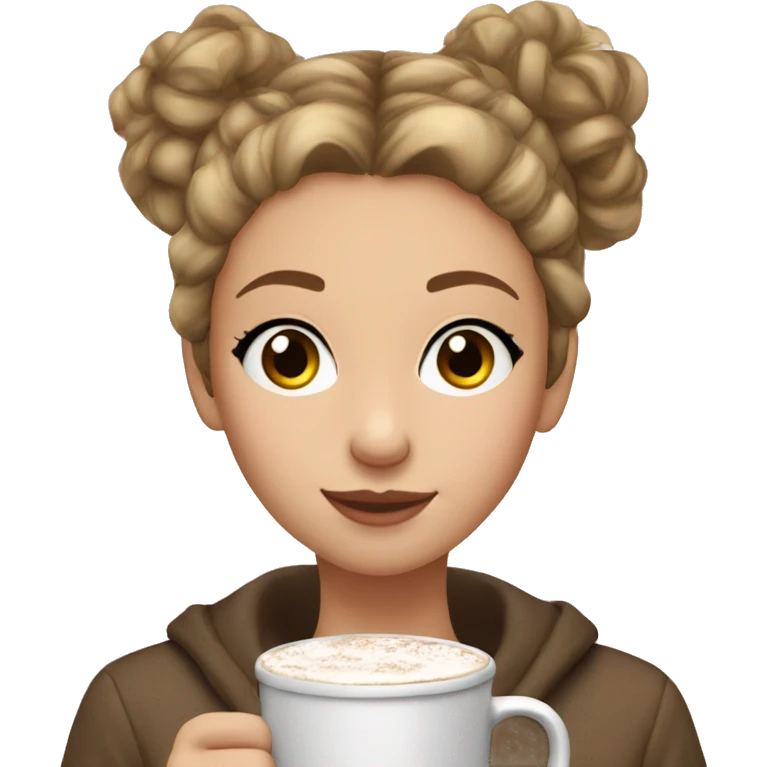 Create a teen girl with light brown hair drinking a hot chocolate with her hair in a high messy bun please  emoji
