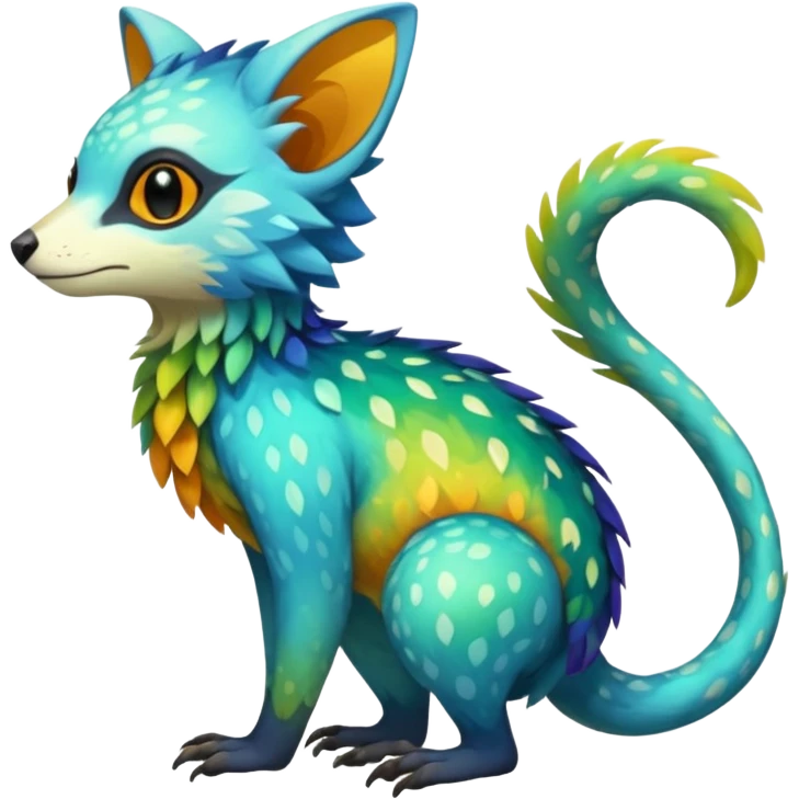 Colorful tropical exotic shiny beautiful fantasy-Trico-Cacomistle-oncilla-animal-Fakémon-hybrid-fursona (full body) emoji