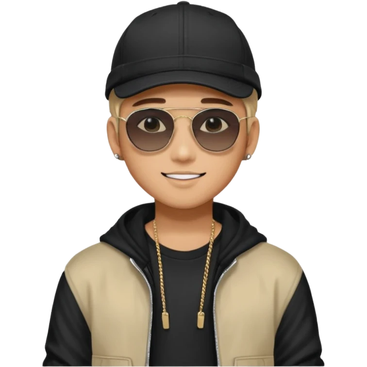 Portrait of a male K-pop idol, wearing a stylish streetwear outfit with layered clothing, makeup, wearing a black cap, happy, sunglasses emoji