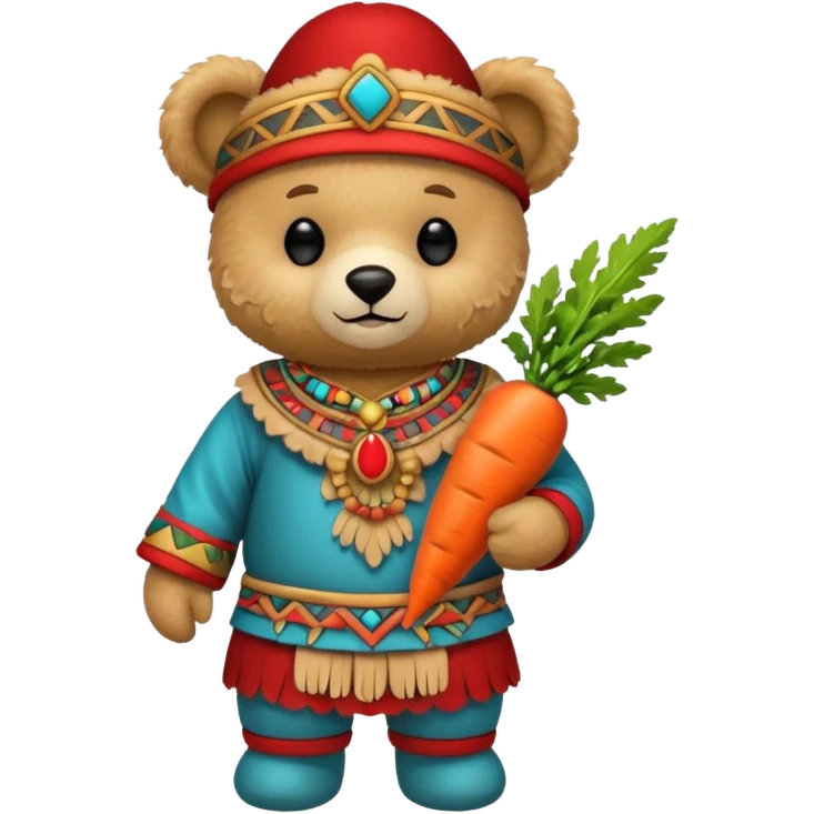 teddy bear, wearing red mayan ancient custome, with carrot emoji