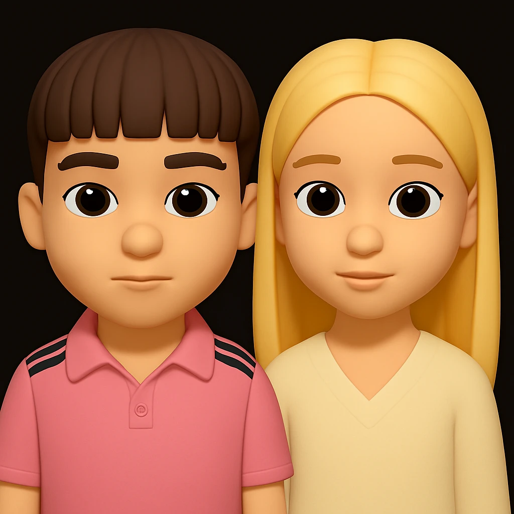 Merge the two 3D emoji characters (a boy and a girl) into one image, both standing together with neutral expressions, maintaining the 3D emoji style similar to Microsoft Fluent emojis. emoji