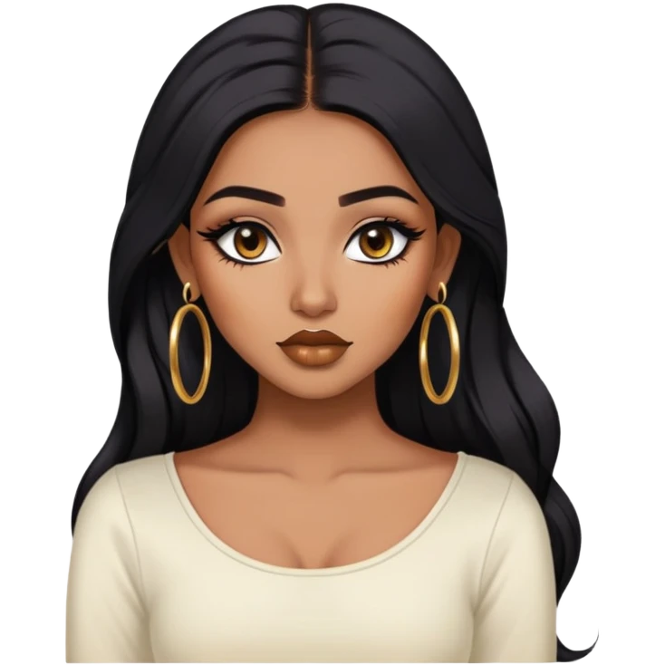 indian girl, brown skin, long black voluminous hair, brown underneath colored hair, baddie,pretty, makeup, lipliner, black eyeliner, gold hoop earrings, white top emoji