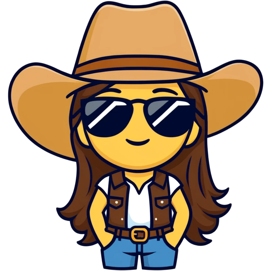 Girl emoji with long brown hair wearing a cowboy hat and sunglasses emoji