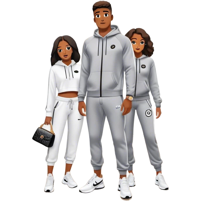 Man living his dream standing in the master bedroom of a mansion. He’s boo’d up with a pretty Brownskin big booty woman wearing a Chanel outfit and Bvlgari watch with her holding a Chanel bag. The man has on a Nike Tech Fleece sweatsuit. The man isn’t holding a bag emoji