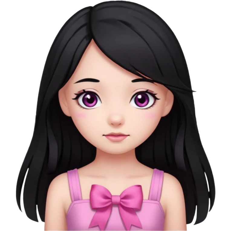 A cute girl, long black hair with 🎀, black eyes, wearing a pink dress  emoji