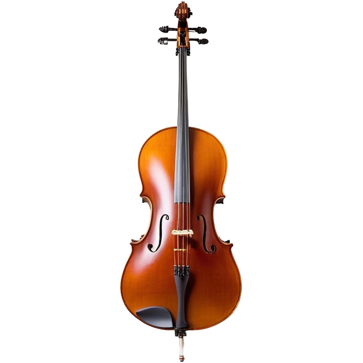 Create a refined and detailed emoji representing a Cremona 4/3F 4/4 cello with a bow. The design should feature the smooth, polished wooden body of the cello with a deep, rich tone color. The strings and tuning pegs should be visible, emphasizing the instrument's fine craftsmanship. Add a delicate bow placed gently across the strings, with intricate detailing on the hair and frog. Include subtle musical notes around the cello to evoke the graceful, classical sound. Use warm wood tones and accents like gold and silver for a professional, elegant look. The background should be transparent. emoji