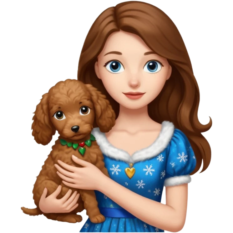white girl with long brown hair and blue eyes wearing a christmas dress, holding a golden doodle puppy emoji