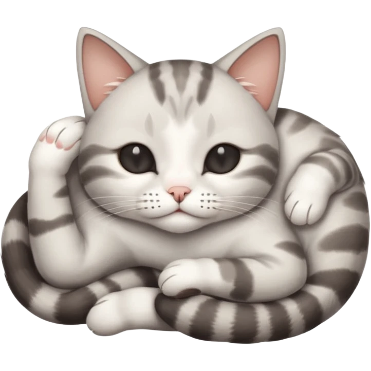 grey and white small cat with eyes closed lying down upside down with its paws/arms tightly covering its own face emoji