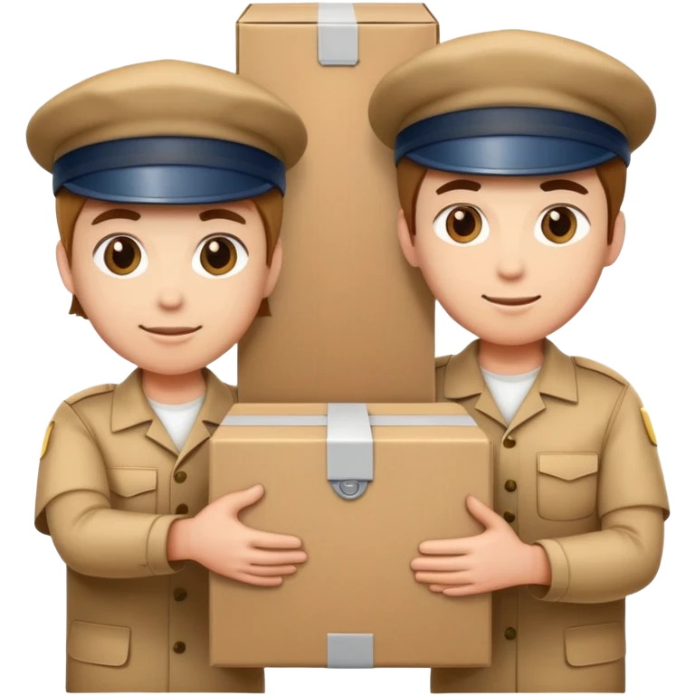 two workers in caps and uniforms holding a large box together emoji