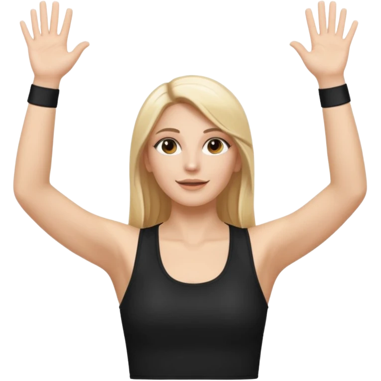 I want a white female dj animated gif emoji with long straight centre parting blonde hair, brown eye brows and putting hands up in the air. Wearing a black tight top with no sleeve emoji