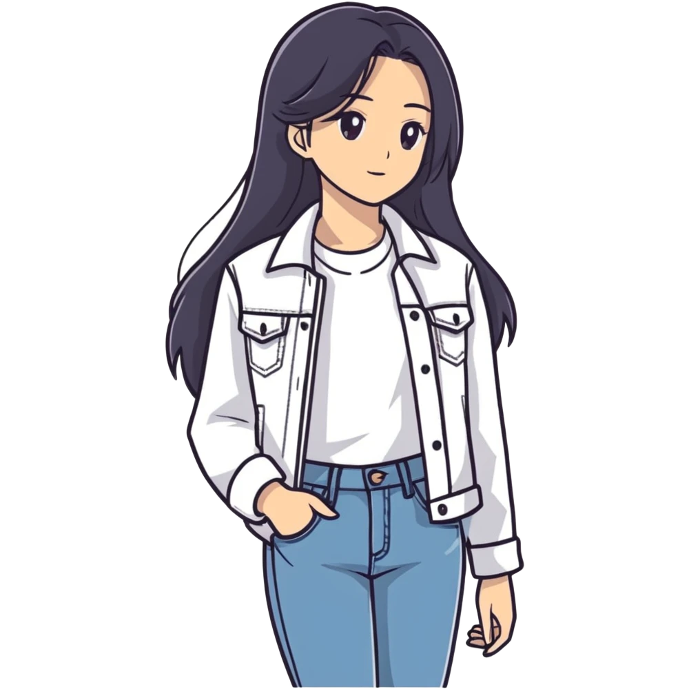 A girl with long hair that’s dark and she has a white shirt and a jacket and denim jeans emoji