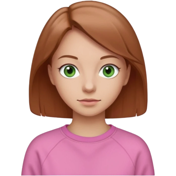  Una donna con una felpa semplice rosa, senza cappuccio,poi i capelli sono lunghi fino alle spalle marroni chiaro,gli occhi sono verdi  emoji