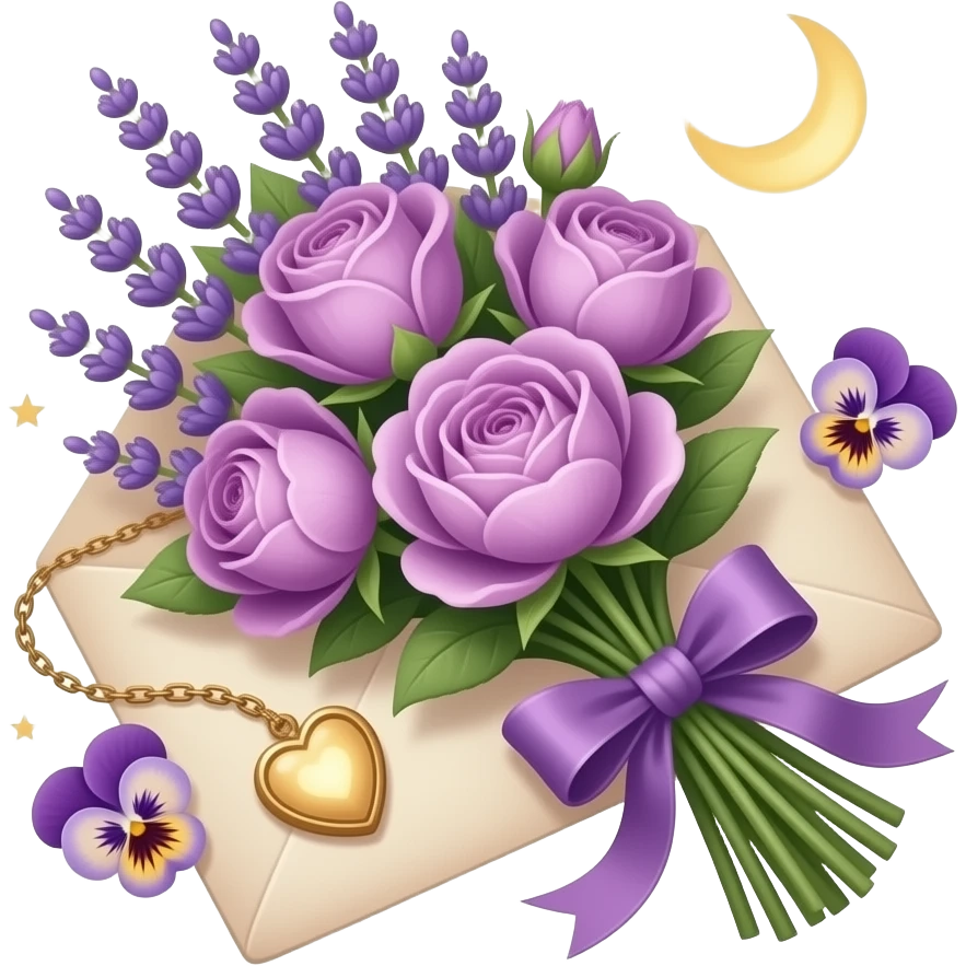 A vintage bouquet of lavender, mauve roses, and violet peonies rests on an aged love letter, tied with an amethyst ribbon. A small heart locket glows under a crescent moon, with scattered pansies and faint golden stars adding a soft, celestial romance. emoji