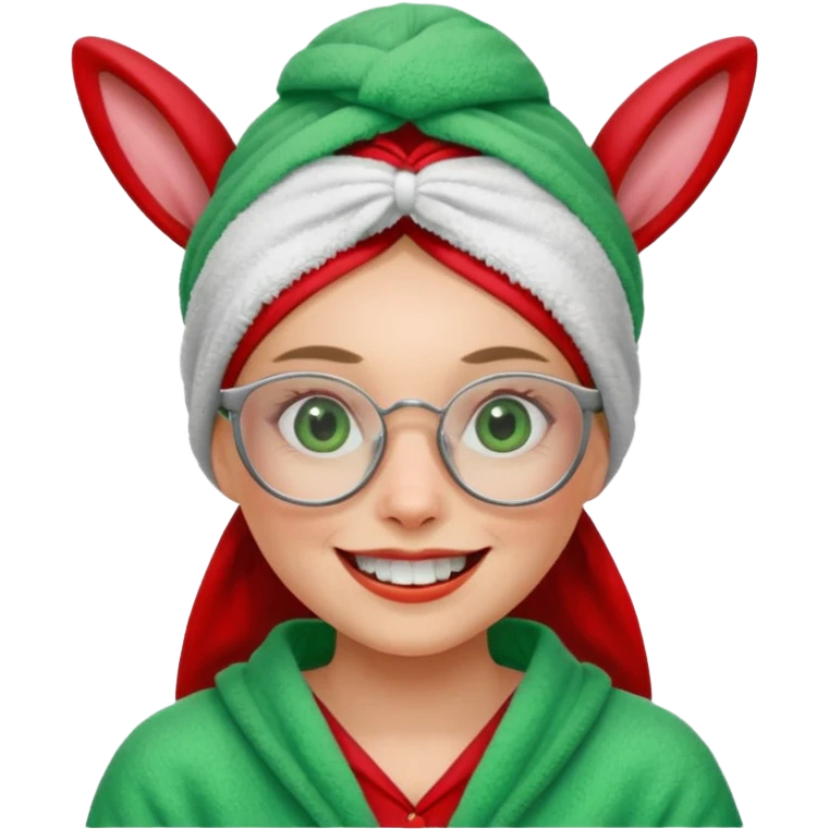 A woman who has a big rabbit-like front teeth wearing a green towel in her head with a broken glasses on her face in red pajamas emoji
