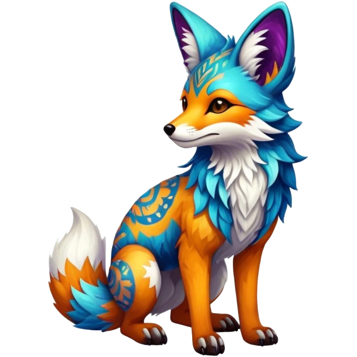 Epic Feral Rare Fantasy shiny cool fluffy Vernid-Trico-Fox-species-hybrid-animal by LiLaiRa, tribal-Art-tattoo-patterns , tufted ears, full body emoji