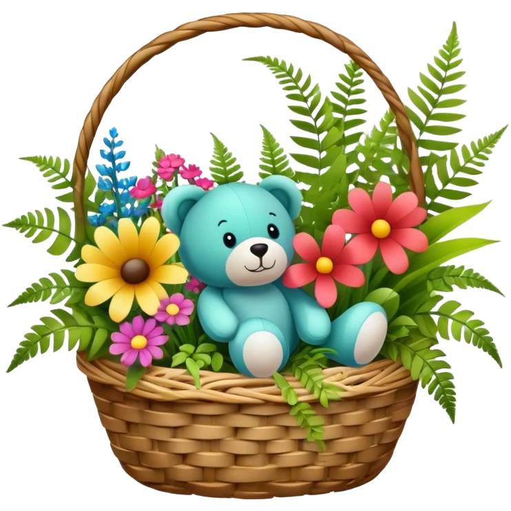 Icon for Floristry: a woven basket with flowers, reeds, ferns, bright ribbons, and a small plush toy. The icon should represent creativity in flower arrangement and decorative design. Transparent background. emoji