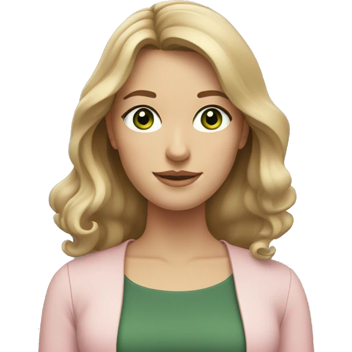 A young women with shoulder length slightly wavy dark blonde hair, dark green eyes wearing a light pink blouse  emoji