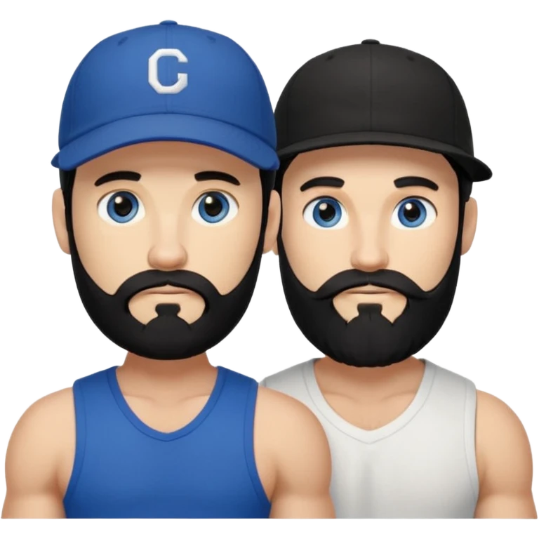two guys, a gay couple. Guy on right, curled black hair sticking out under a baseball cap, long black beard, blue eyes, chiseled features, very tanned and very muscular. The other, pale white skin tone, very short black hair, a short beard, brown eyes, toned body. emoji
