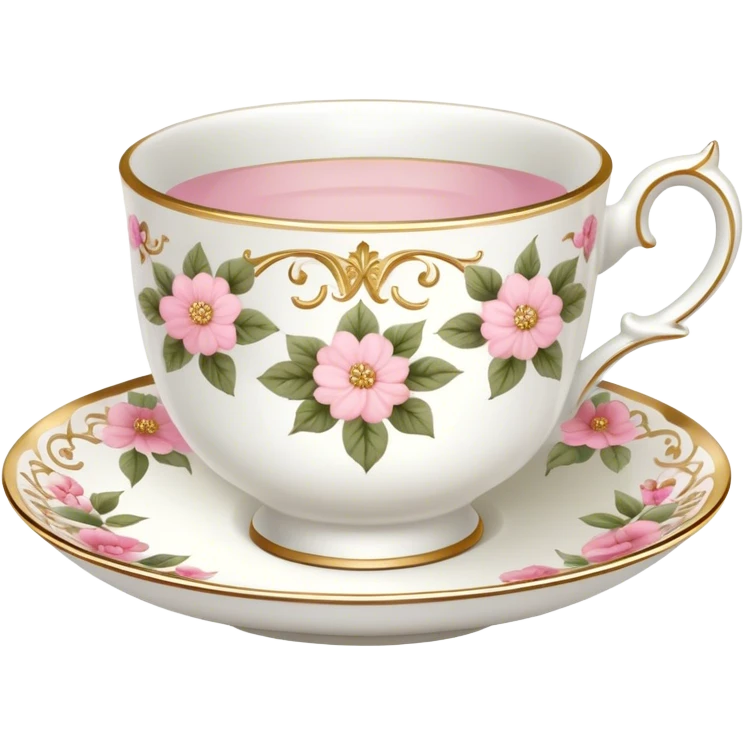 White teacup with baby pink floral antique print with gold accents  emoji