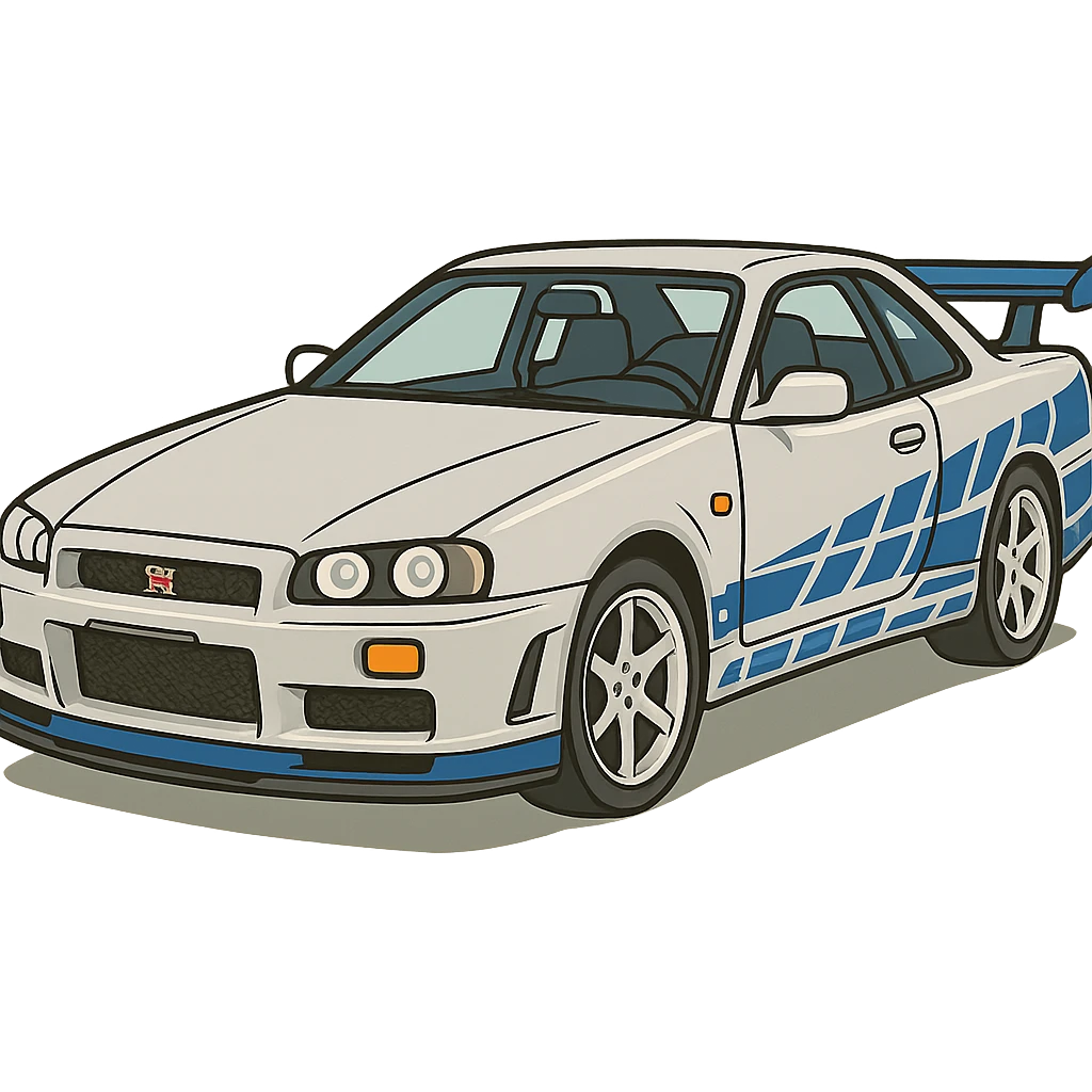 Brian's Nissan Skyline GTR R34 from Fast and Furious, cartoon style, chrome body with blue stickers, car alone emoji