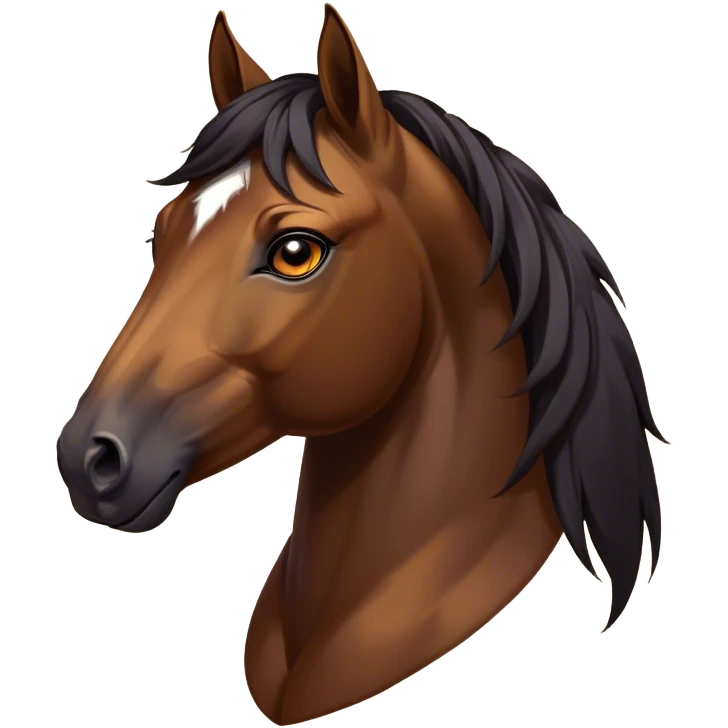 Cinematic Noble Bay Horse Portrait Emoji, Poised and regal, with a strong, athletic build and a rich, well-groomed bay fur accented by a dark mane and tail, deep-set soulful amber eyes, Simplified yet sharp and sophisticated features, highly detailed, glowing with a warm, dignified glow, high shine, intelligent and majestic, stylized with an air of equine elegance, focused and attentive, soft glowing outline, capturing the essence of a watchful and confident steed, so majestic it feels as though it could gallop out of the screen with effortless authority! emoji