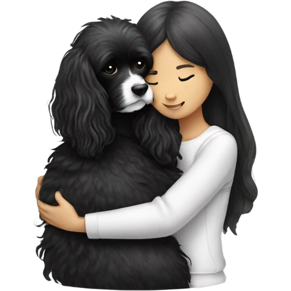 Black and white cavoodle getting hugged by long hair Asian girl emoji