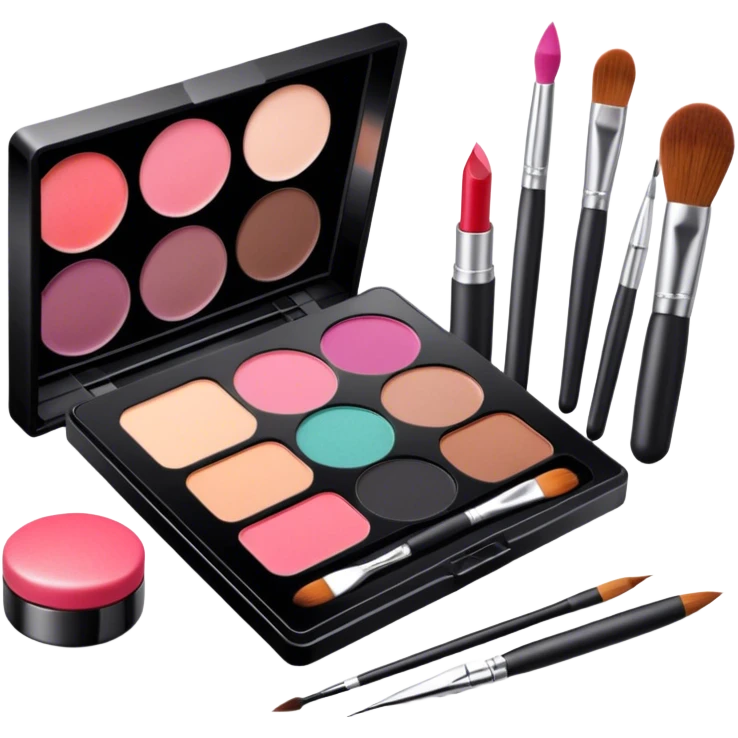 icon featuring professional makeup brushes, a high-quality lipstick, a sleek eyeshadow palette, a makeup sponge and a set of tools like tweezers and eyeliner pencil. The design highlights the precision and artistry of makeup with detailed textures and realistic lighting. Transparent background. emoji