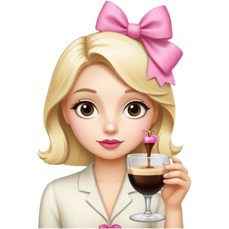 Blonde cute girl with pink bow in her hair drinking an espresso martini  emoji