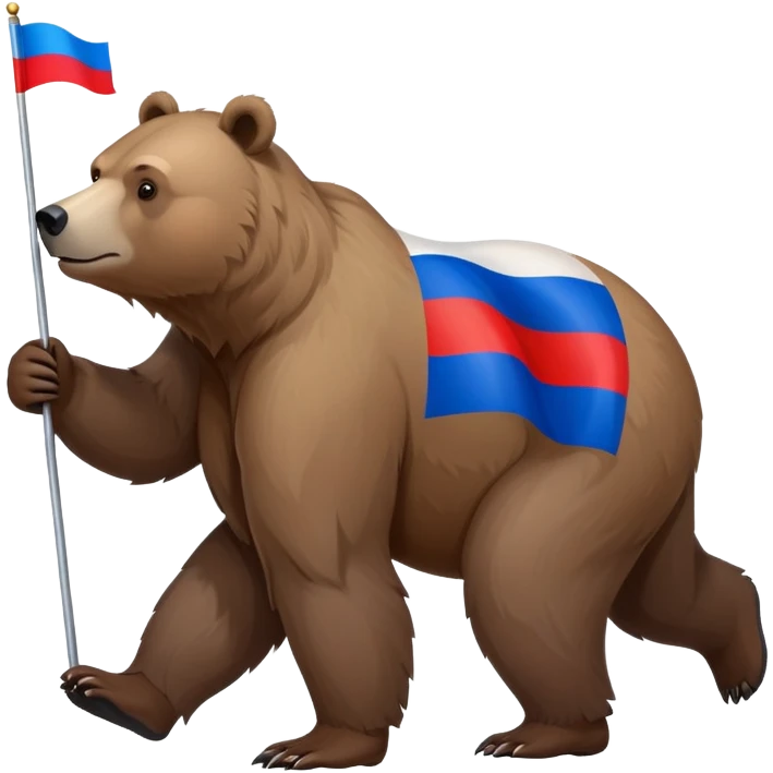 Light brown grizzly bear walking on four paws with small Russian flag (white, blue, red) on its back, realistic features emoji
