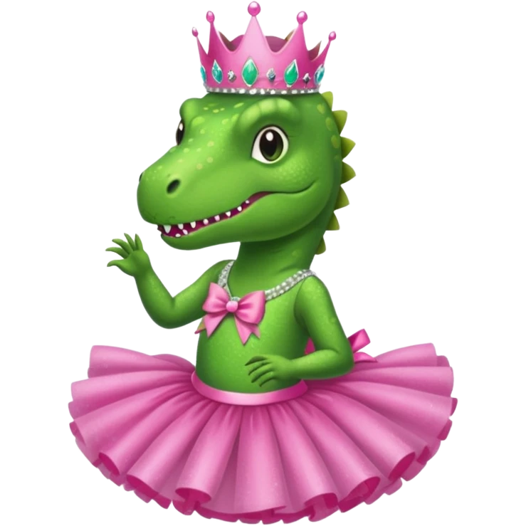 Trex wearing a tutu, tiara, and a pink glittery bow emoji