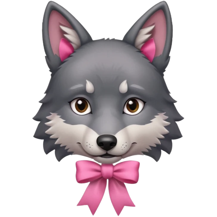 Pleading sad Face cute dark grey wolf with a pink ribbon io his ear head emoji