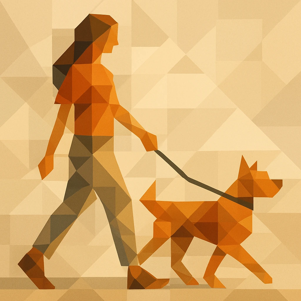 Woman walking a dog with fractured into overlapping cubes and triangles. emoji