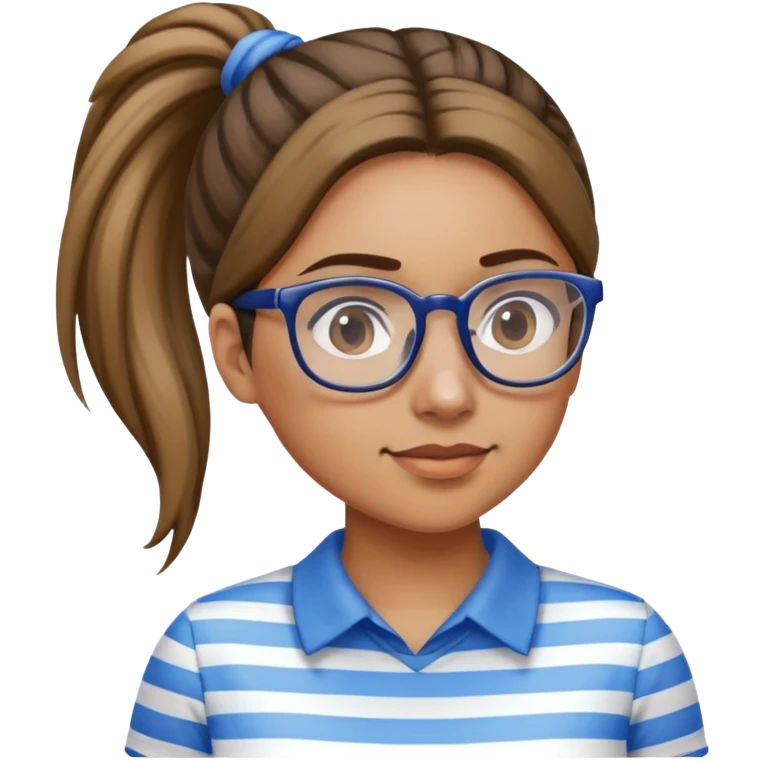 Medium skin woman in ponytail and glasses and blue striped shirt emoji