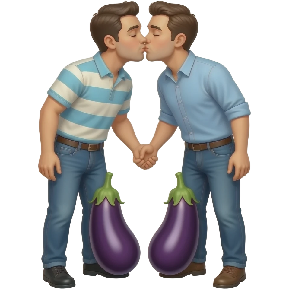 Two men kissing each other with two eggplants out Make the eggplants attached to their pants A touch between their legs emoji