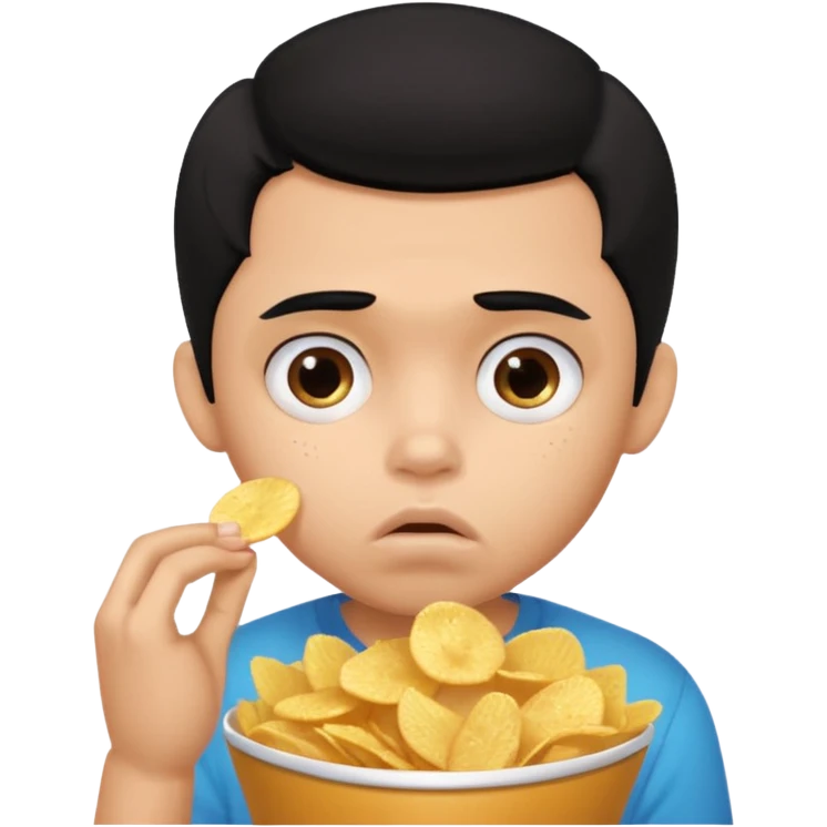 a PRETTY BRATZ boy with black hair, stuffing his face with chips and looking sad emoji
