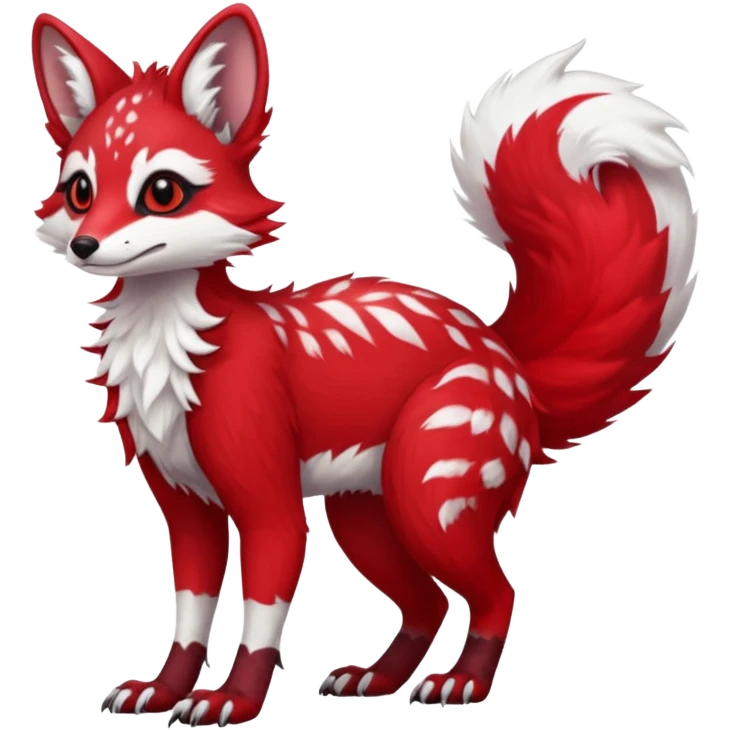 Feral Rare Fantasy   bright cherry-red fur with clean snow-white chest and muzzle Vernid-Sergal-Genet-Trico-species by LiLaiRa, random markings, tufted tail, tufted ears, full body emoji