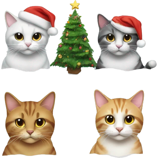 Four different cats sitting under a Christmas tree  emoji