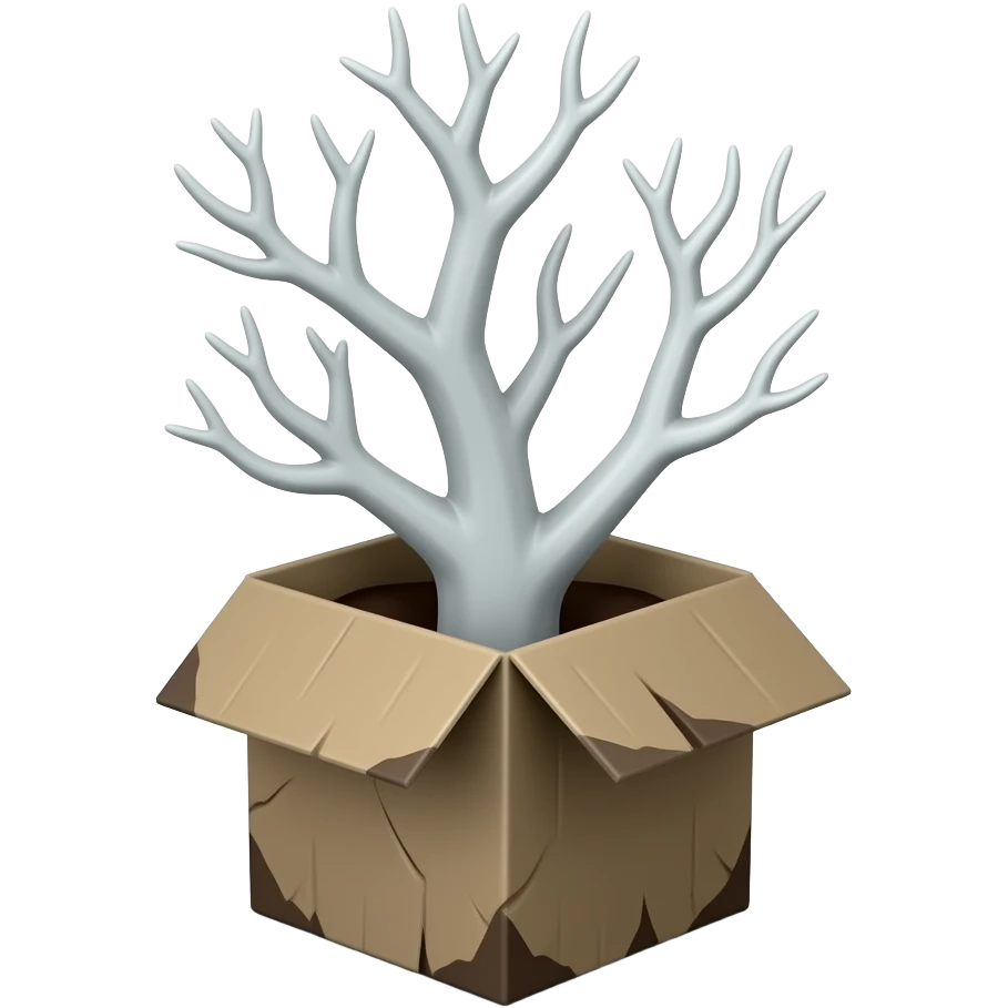 3d - white bare haunted tree grows from a dilapidated box emoji