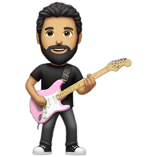 white man with dark beard and black t shirt and pastel pink stratocaster electric guitar emoji